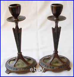 Art Deco Nouveau Set Of Bronze Inkwell -pair Candlesticks-blotter-& 2 Others
