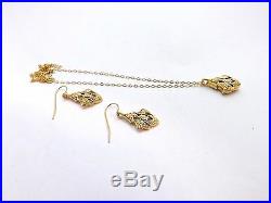 Art Nouveau 14K Yellow Gold Floral Filigree Pendant Necklace & Earring Set 6.4gr