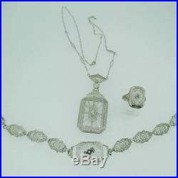 Art Nouveau 14k White Gold Camphor Glass with European Cut Diamond Set