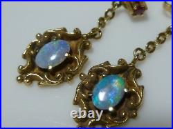 Art Nouveau 14k Yellow Gold Opal Ruby Dangle Pierced Chain Earrings Pair Set