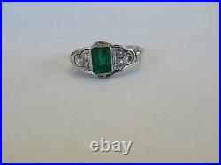 Art Nouveau 18k White Gold Bezel Set Emerald & Diamond Ring Sz 6 1/2 7 X 5 MM