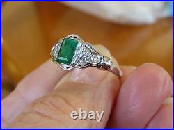 Art Nouveau 18k White Gold Bezel Set Emerald & Diamond Ring Sz 6 1/2 7 X 5 MM