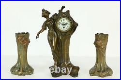 Art Nouveau Antique French 3 Pc Figural Sculpture Mantel Clock Set, Flora #38725