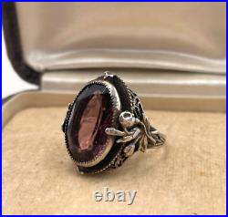 Art Nouveau Antique Stunning Floral Setting Sterling Silver Ring Purple Crystal