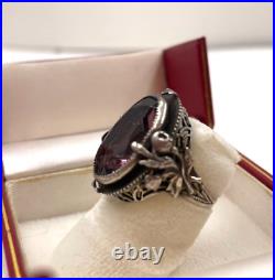 Art Nouveau Antique Stunning Floral Setting Sterling Silver Ring Purple Crystal