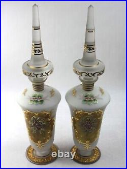 Art Nouveau Bohemia Satin Glass Decanter Set Floral Motif Karat Gold Rare