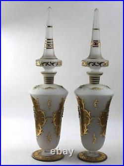 Art Nouveau Bohemia Satin Glass Decanter Set Floral Motif Karat Gold Rare