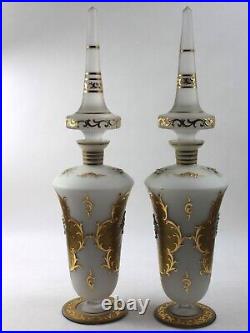 Art Nouveau Bohemia Satin Glass Decanter Set Floral Motif Karat Gold Rare