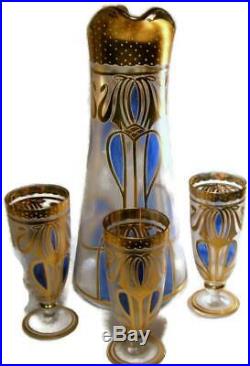 Art Nouveau Bohemian Fritz Heckert Persian Enamel Etched Tankard Water Set