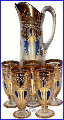 Art Nouveau Bohemian Fritz Heckert Persian Enamel Etched Tankard Water Set