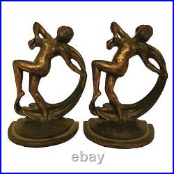 Art Nouveau Bookends Ferrous Metal Set Of 2 Female Figurines 6 1/2 Tall Vintage