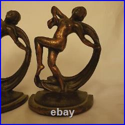 Art Nouveau Bookends Ferrous Metal Set Of 2 Female Figurines 6 1/2 Tall Vintage