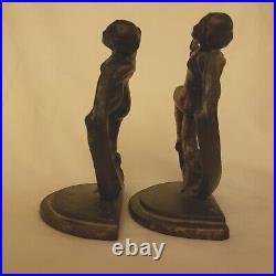 Art Nouveau Bookends Ferrous Metal Set Of 2 Female Figurines 6 1/2 Tall Vintage