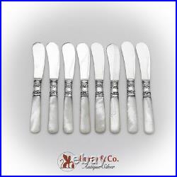 Art Nouveau Butter Knives Set Sterling Shanks Plated Blades Mother Of Pearl
