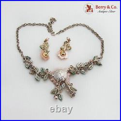Art Nouveau Carved Floral Necklace Earrings Set Gemstones Sterling Silver