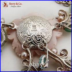 Art Nouveau Carved Floral Necklace Earrings Set Gemstones Sterling Silver