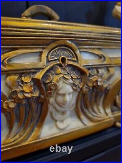 Art Nouveau Casket Jewellery With Candlestick Set Ornate Gold Maiden Head Relief