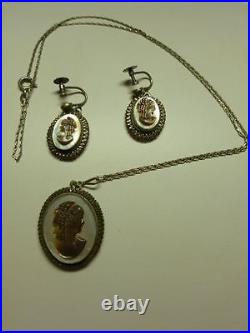 Art Nouveau Deco 875 Sterling Silver Cameo Earrings Pair Set Necklace Pendant