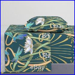 Art Nouveau Dragonflies Deep Teal 100% Cotton Sateen Sheet Set by Spoonflower