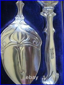 Art Nouveau English Silver Dessert Set Cake Knife And Serving Spoon In Case