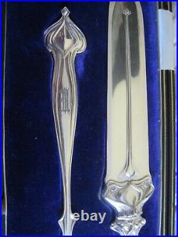 Art Nouveau English Silver Dessert Set Cake Knife And Serving Spoon In Case