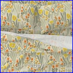 Art Nouveau Flora Sage Green Yellow 100% Cotton Sateen Sheet Set by Spoonflower