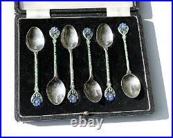 Art Nouveau Flower Liberty Style Silver Hallmarked Enamel Spoon Set