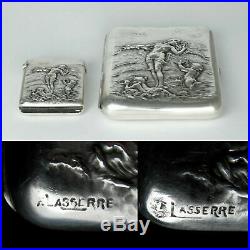 Art Nouveau French 800 Silver Cigarette Case Match Safe Vesta Box Set Nude Venus