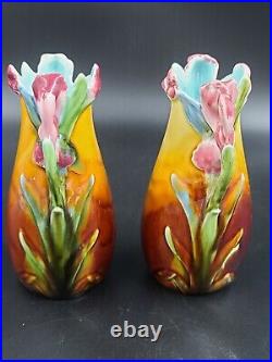 Art Nouveau French Majolica Barbotine Vase Set