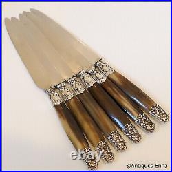 Art Nouveau French Silver & Horn Dinner Knife Set 6 Pc, Stainless-steel Blades