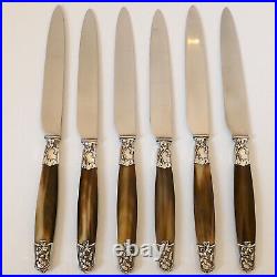 Art Nouveau French Silver & Horn Dinner Knife Set 6 Pc, Stainless-steel Blades