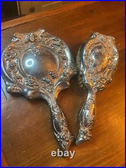 Art Nouveau GIRL & POPPIES Antique Silverplate Hand Mirror & Brush Set