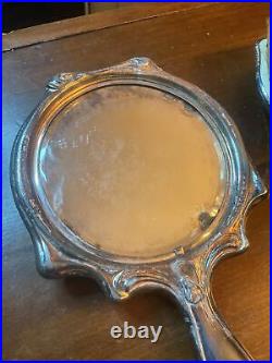 Art Nouveau GIRL & POPPIES Antique Silverplate Hand Mirror & Brush Set