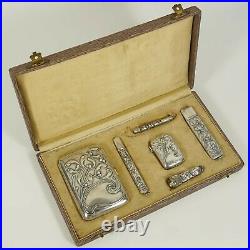 Art Nouveau German 800 Silver Smoker's Set Cigarette Case Vesta Match Safe Cigar