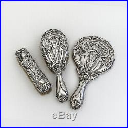 Art Nouveau Hand Mirror Brushes Set Hayes Sterling Silver 1905 Birmingham
