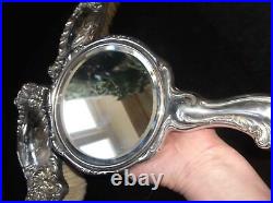 Art Nouveau Hope Solid Sterling Silver Mirror & Brush Set Water Lilies Bullrush