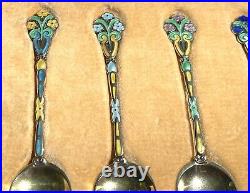 Art Nouveau Liberty Style Floral Silver Gilt Enamel Coffee Spoons Set