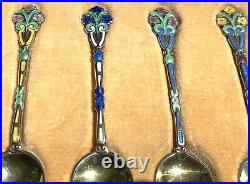 Art Nouveau Liberty Style Floral Silver Gilt Enamel Coffee Spoons Set
