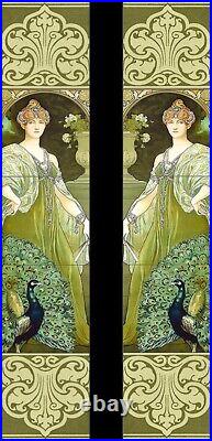 Art Nouveau Maiden And Peacock Kiln Fired Fireplace Tile Set (10 Tiles)