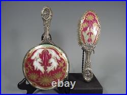 Art Nouveau Mirror and Brush Vanity Set Silver & Enameled Magenta Decoration