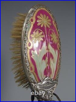 Art Nouveau Mirror and Brush Vanity Set Silver & Enameled Magenta Decoration