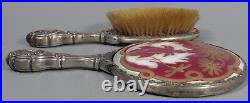 Art Nouveau Mirror and Brush Vanity Set Silver & Enameled Magenta Decoration