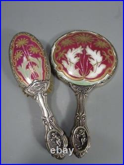 Art Nouveau Mirror and Brush Vanity Set Silver & Enameled Magenta Decoration
