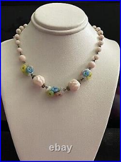 Art Nouveau Pastel Color Czech Glass Flowers Beads Necklace & Earrings Set