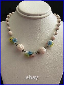 Art Nouveau Pastel Color Czech Glass Flowers Beads Necklace & Earrings Set