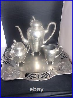 Art Nouveau Pewter Coffee Set & Tray E Hueck Silberzinn Jugendstil Zinn c1900