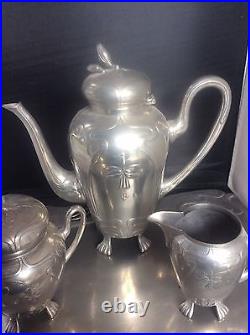 Art Nouveau Pewter Coffee Set & Tray E Hueck Silberzinn Jugendstil Zinn c1900