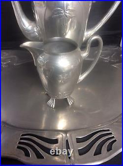 Art Nouveau Pewter Coffee Set & Tray E Hueck Silberzinn Jugendstil Zinn c1900
