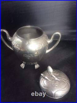 Art Nouveau Pewter Coffee Set & Tray E Hueck Silberzinn Jugendstil Zinn c1900