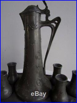 Art Nouveau Pewter Drinks Set Jug Cups Tray Liberty Style Embossed Floral Deco
